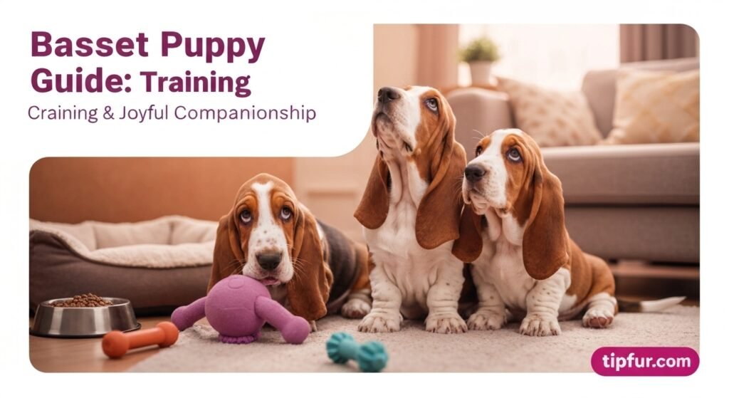 Two Basset puppies with toys.