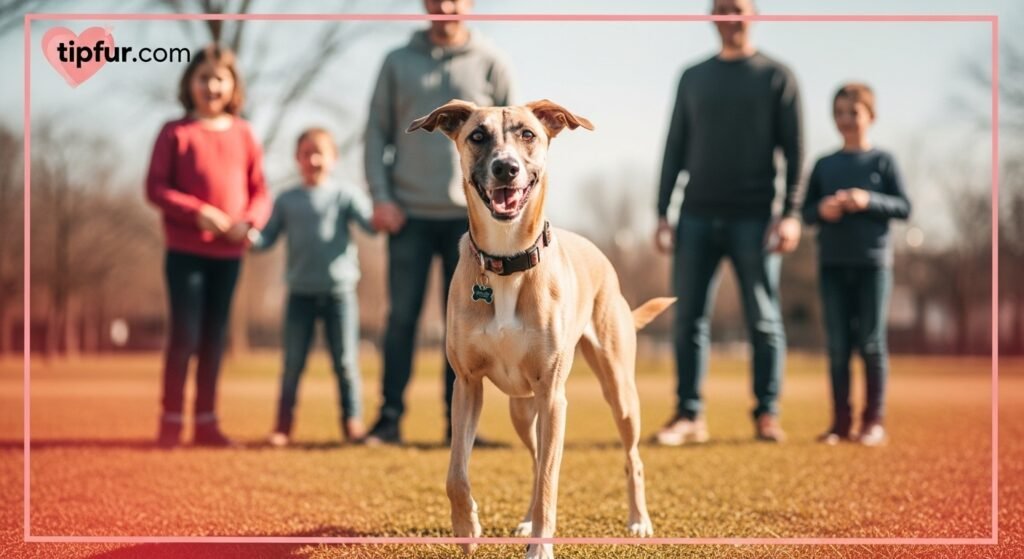 Whippet labrador mix dog playing outdoors, showing athletic build and friendly nature, with tipfur.com branding.