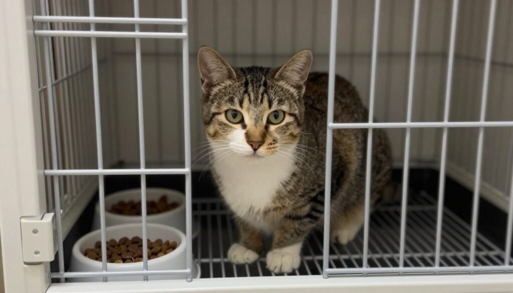 A feral cat in a crate observing its surroundings during the acclimation phase