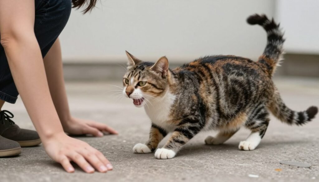 A feral cat showing defensive behavior that requires patience and special techniques