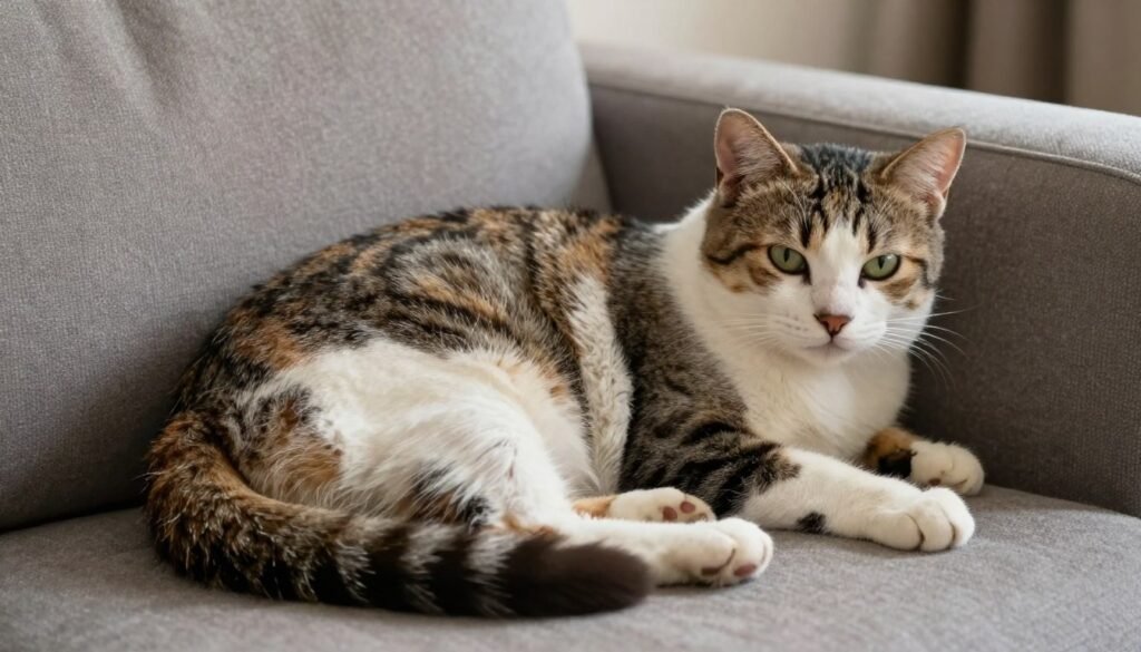 A formerly feral cat now comfortable in a home environment, showing the successful outcome of patient taming