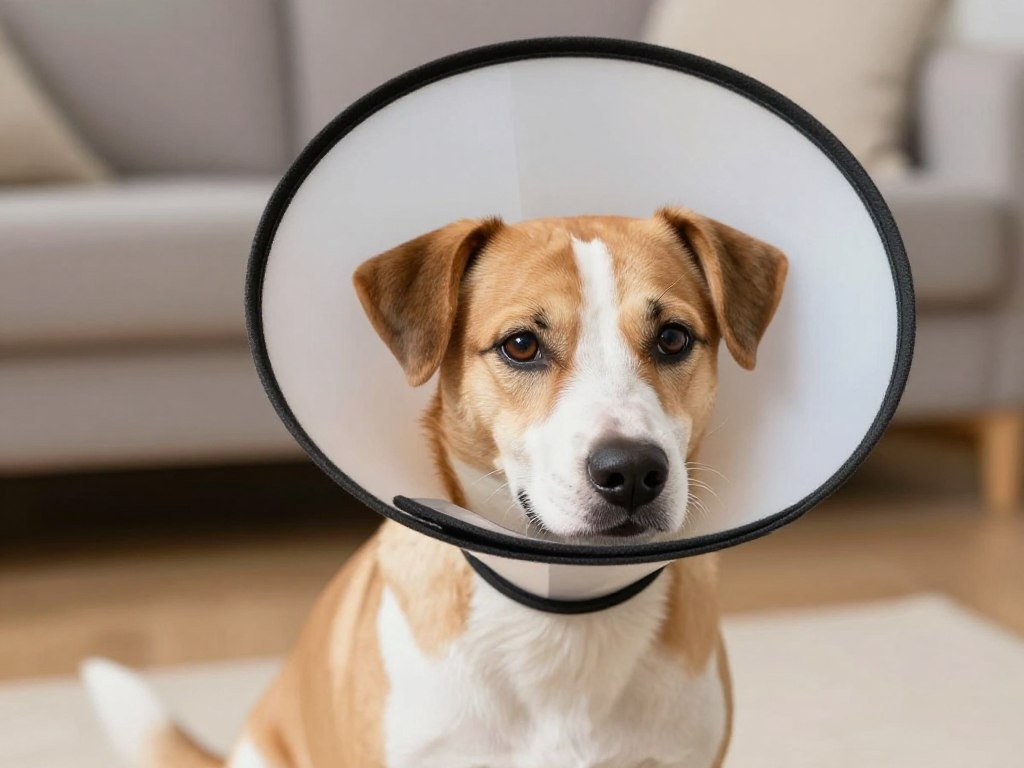 Dog wearing Elizabethan collar during recovery from neutering Dog wearing Elizabethan collar during recovery from neutering
