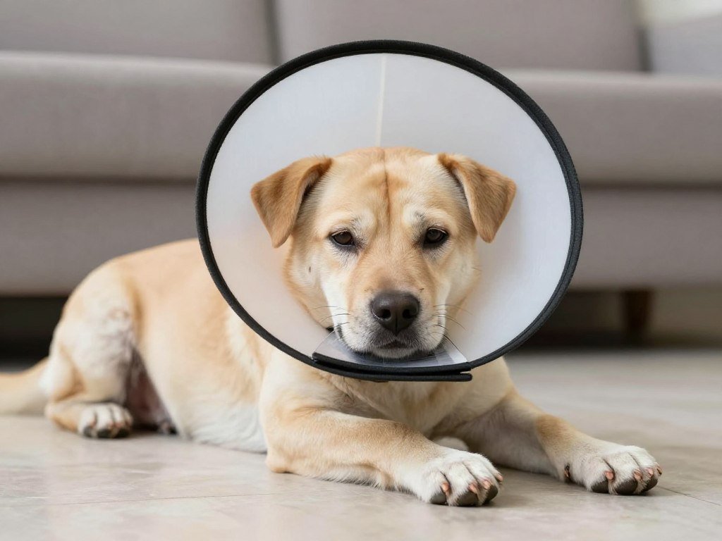 Male dog recovering from neutering procedure Male dog recovering from neutering procedure