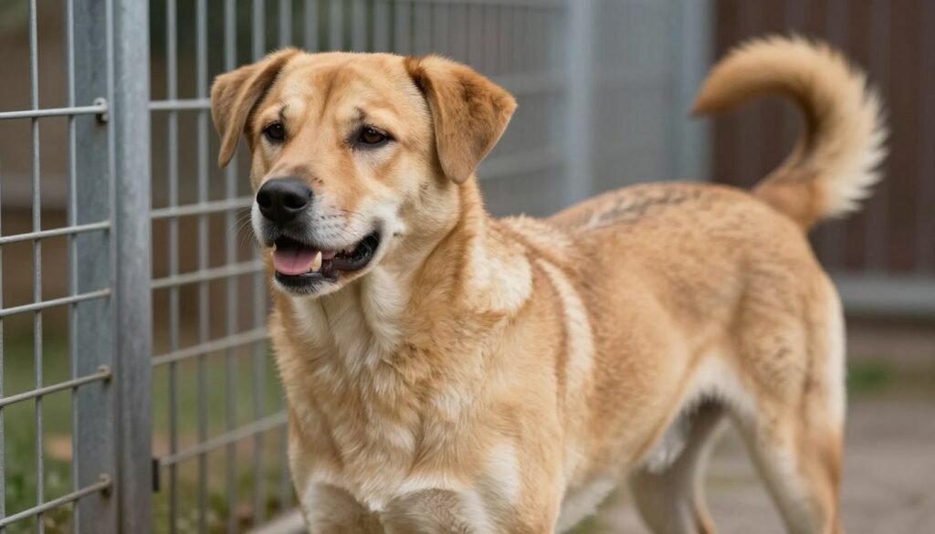 Male dog showing signs of needing to be neutered, looking restless near a fence