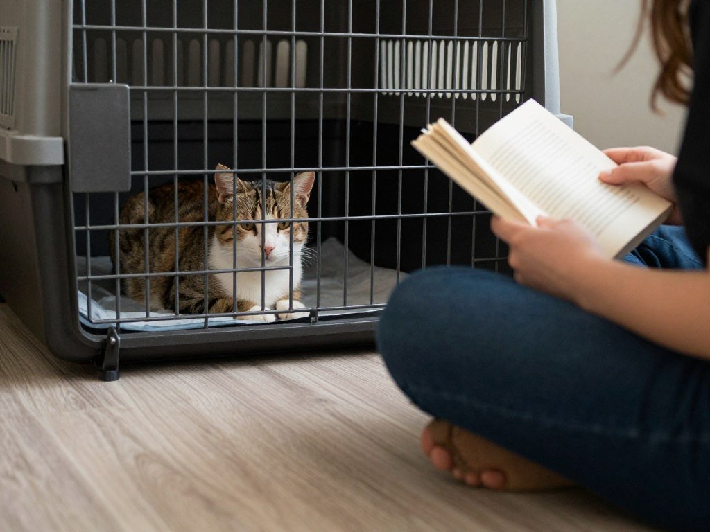 Person sitting near a feral cat's space, reading aloud to build positive associations