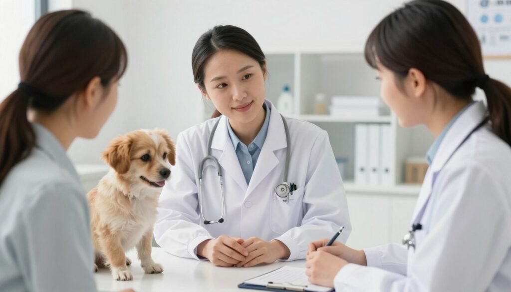 Pet owner consulting with veterinarian about signs your dog needs to be neutered Pet owner consulting with veterinarian about signs your dog needs to be neutered