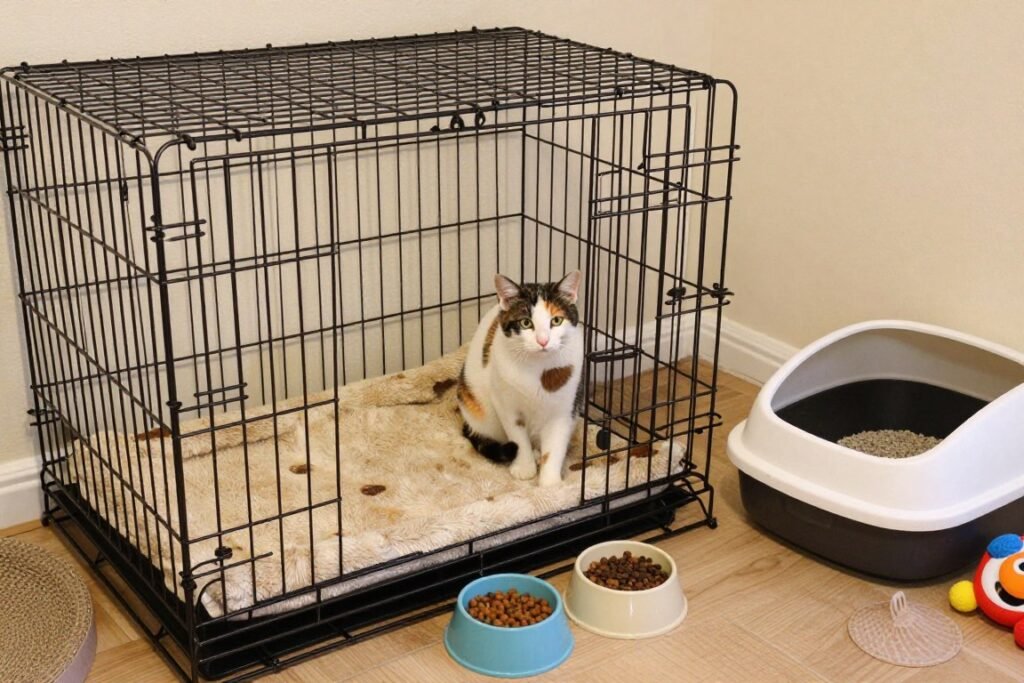 Setup of a sanctuary space for taming a feral cat with crate, bedding, and supplies
