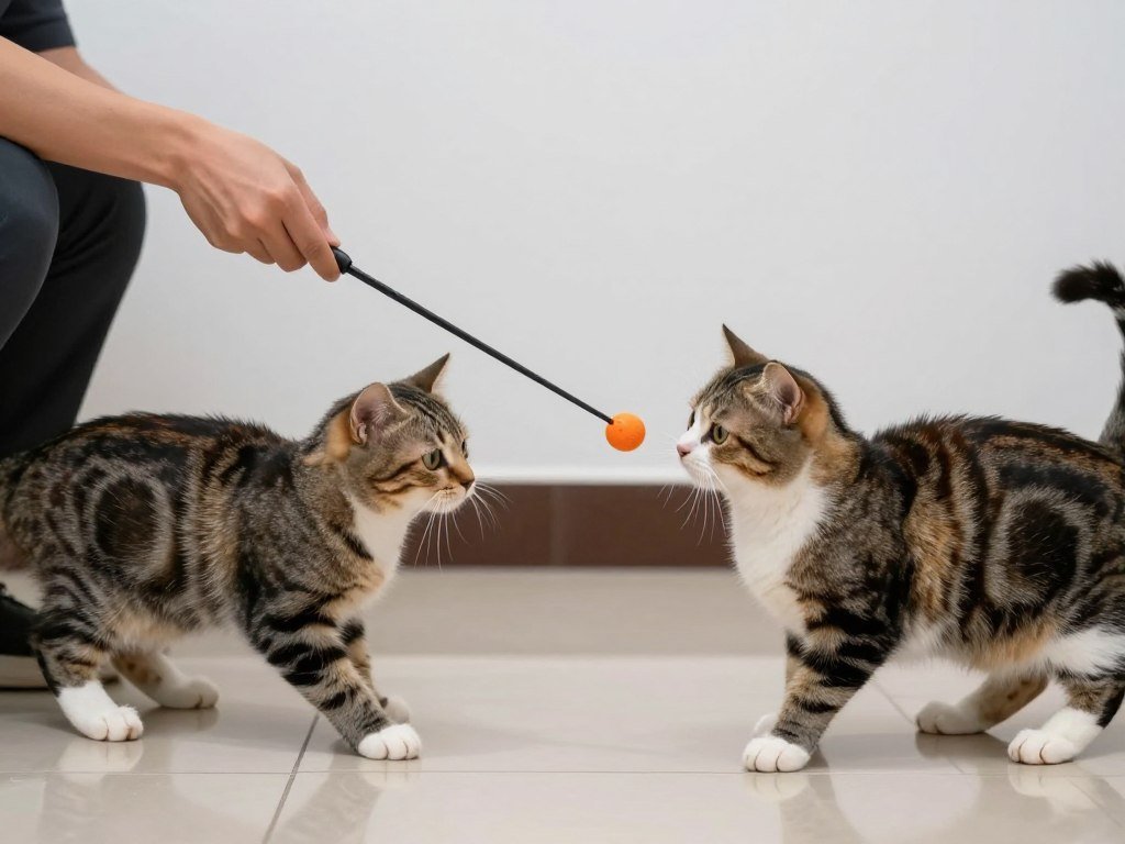 Using a wand toy to interact with a feral cat from a safe distance