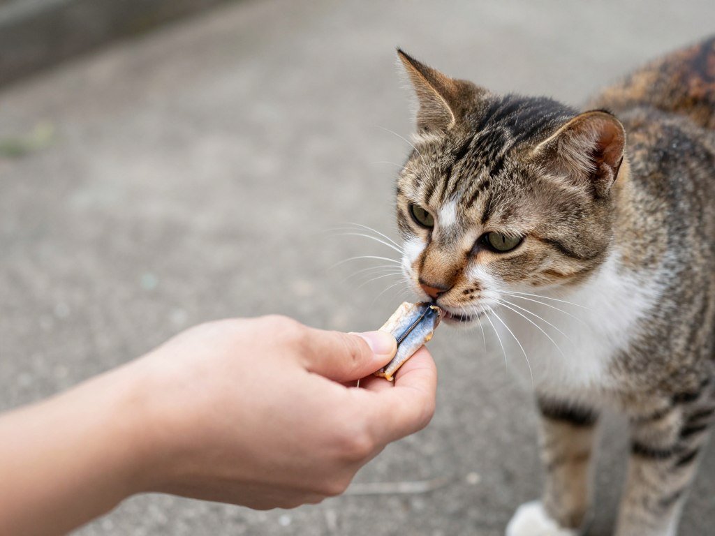 Using high-value treats to encourage a feral cat to approach