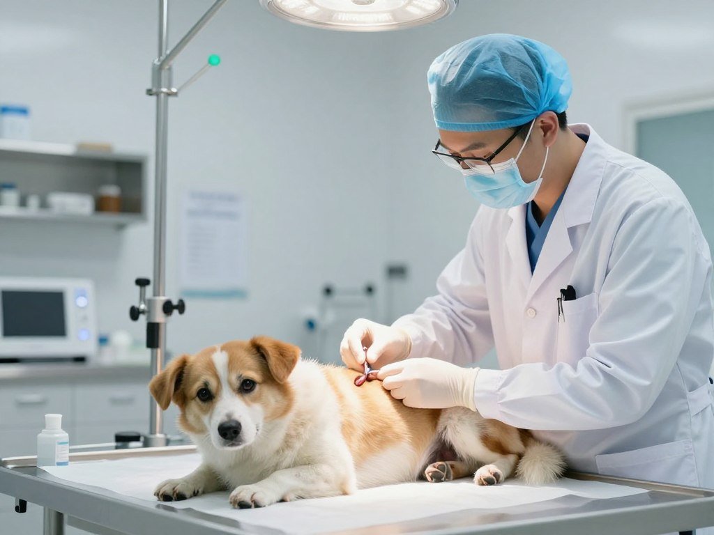 Veterinarian performing pre-surgical examination on a dog Veterinarian performing pre-surgical examination on a dog