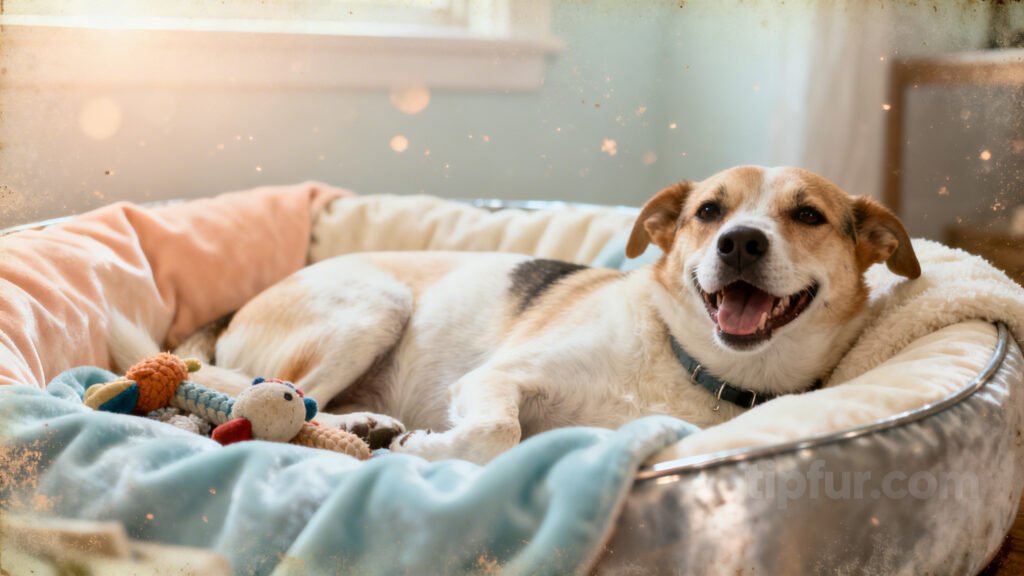 Relaxed and happy rescue dog resting at home after overcoming fear during the first night.