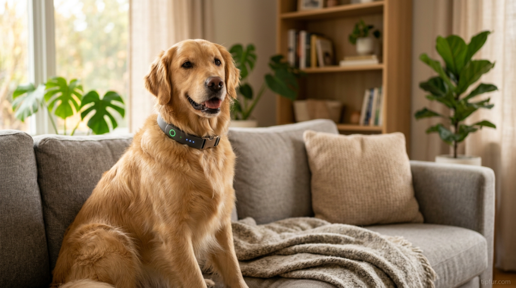 Dog wearing an AI-powered anxiety monitoring collar for pet anxiety AI monitoring.