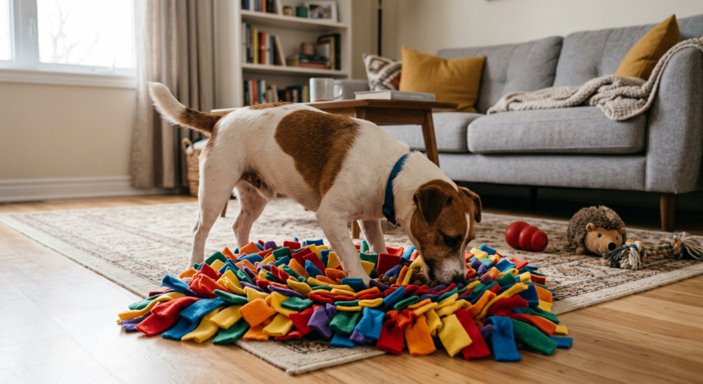 DIY indoor sniffari for dogs using snuffle mat.