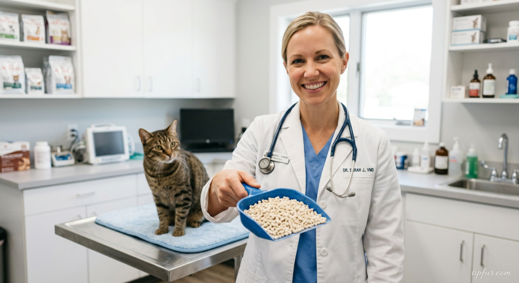 Veterinarian holding tofu cat litter with a cat in the background