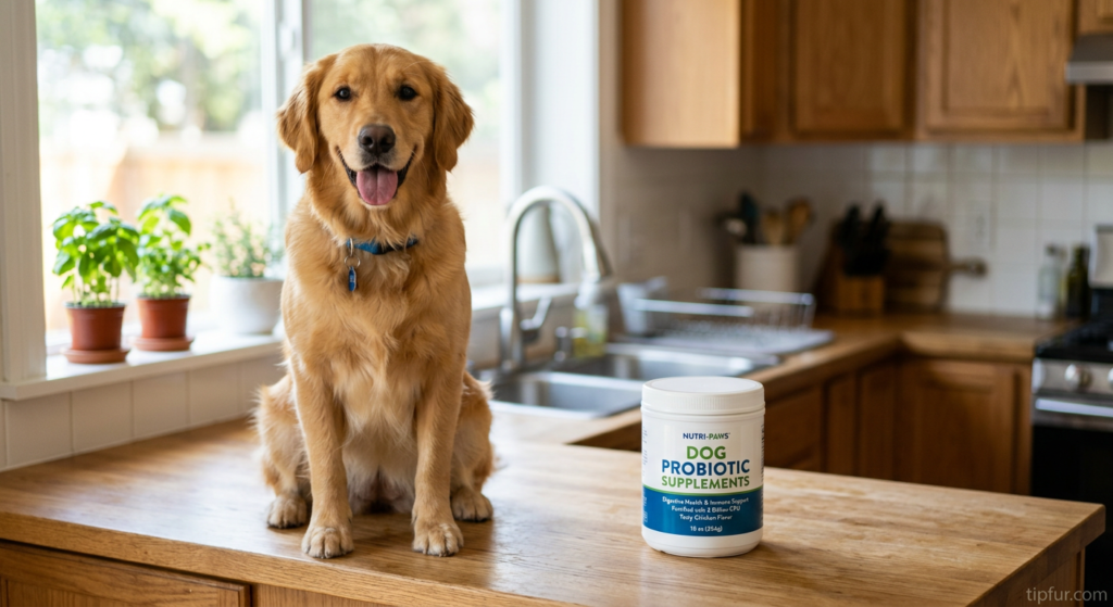 Happy dog with probiotic supplement on kitchen counter