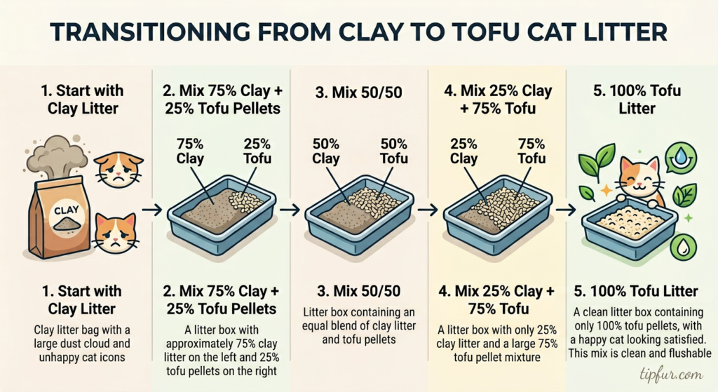 Infographic showing steps to transition a cat to tofu cat litter