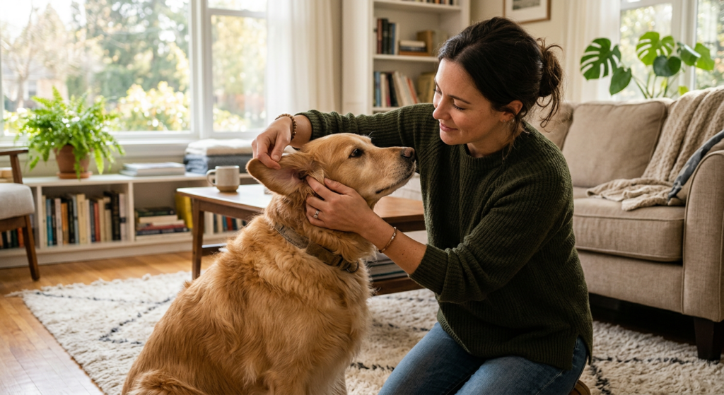 Pet owner performing a wellness check at home on their dog