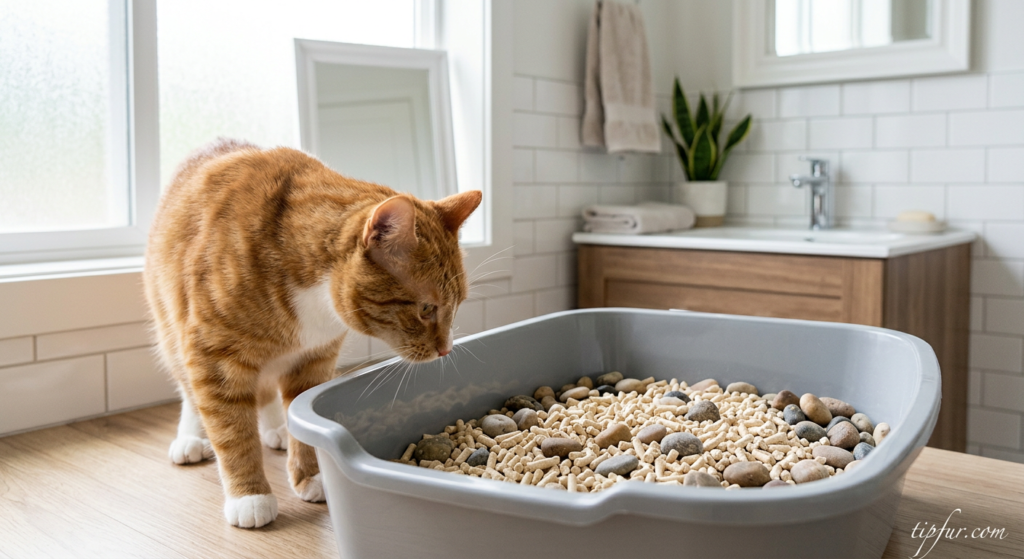Tabby cat inspecting a litter box filled with tofu cat litter