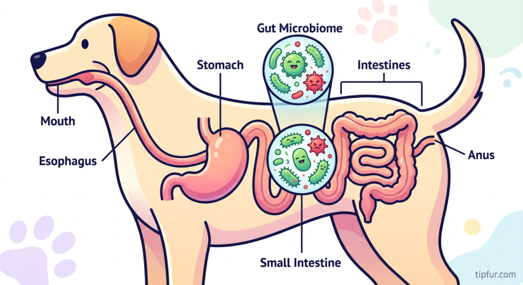 Infographic of dog digestive system and gut microbiome