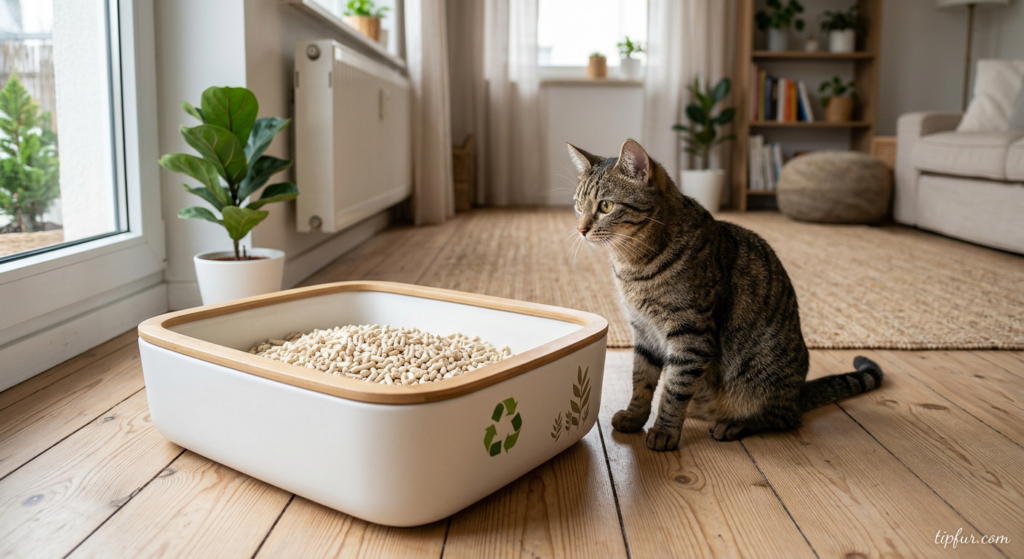 Tabby cat sitting beside a litter box filled with tofu cat litter in a cozy home setting with a blog title overlay