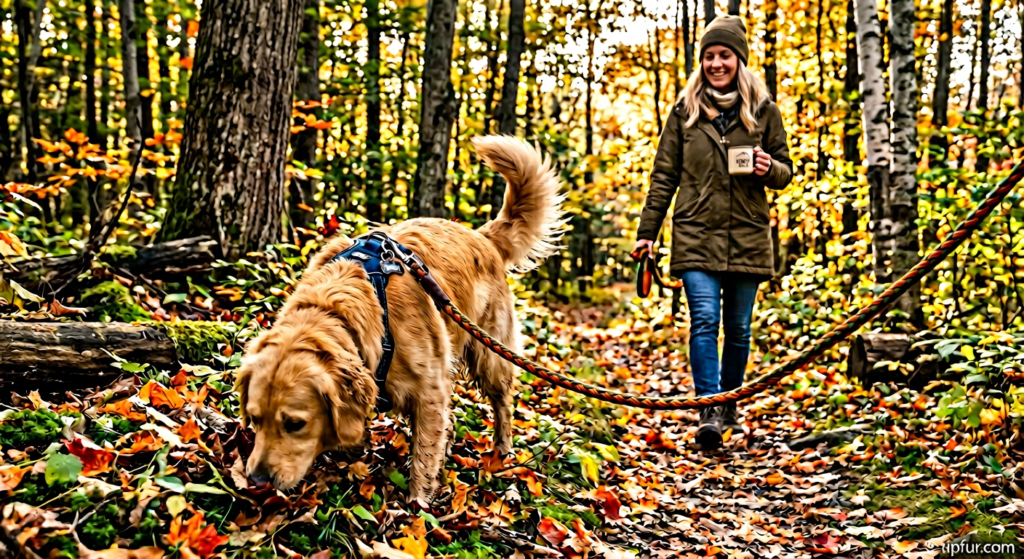 Happy dog enjoying sniffari for dogs on forest trail with long line