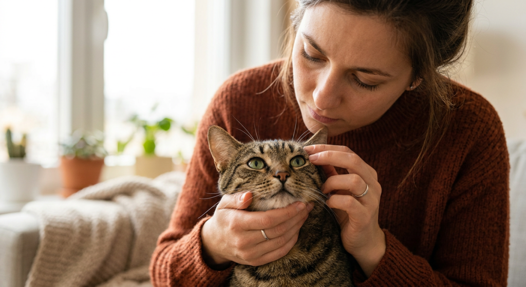 Checking cat eyes during a home pet wellness check