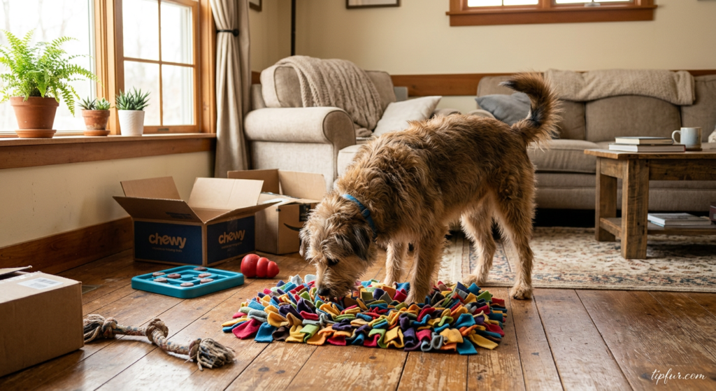 Dog using a snuffle mat during indoor sensory enrichment at home
