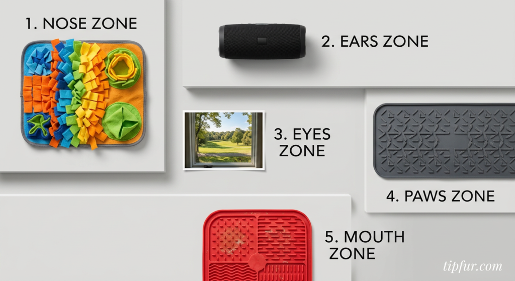 Illustration of the five senses used in indoor sensory enrichment for dogs