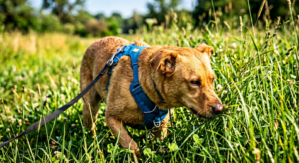 Dog gear for sniffari for dogs – long line and harness in action.