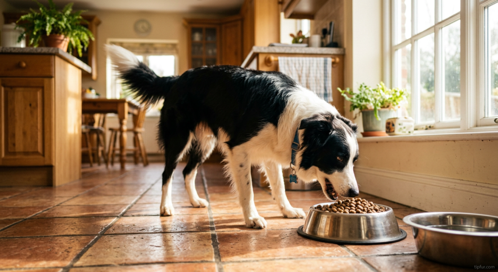Energetic dog eating from food bowl