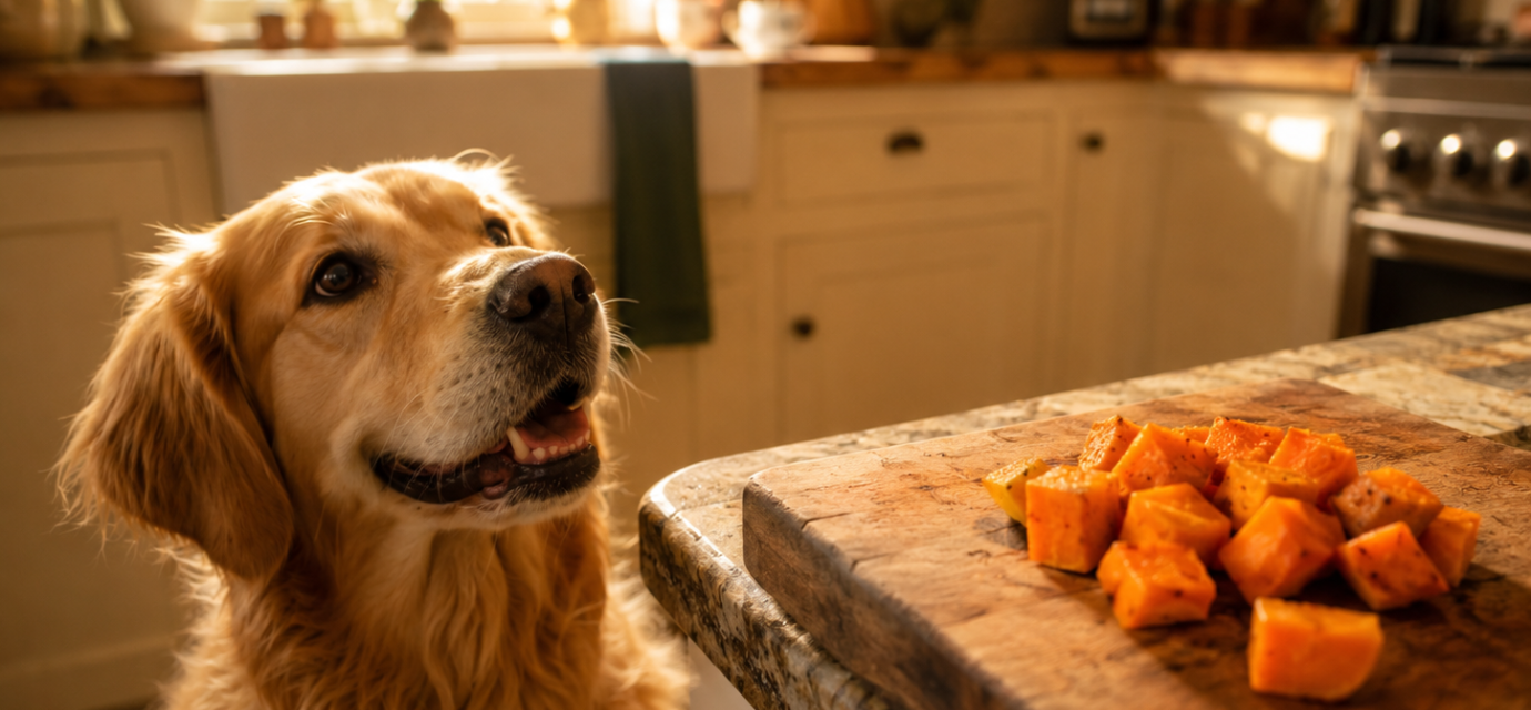 are sweet potatoes good for dogs - labrador with cooked sweet potato