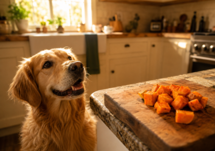 are sweet potatoes good for dogs - labrador with cooked sweet potato
