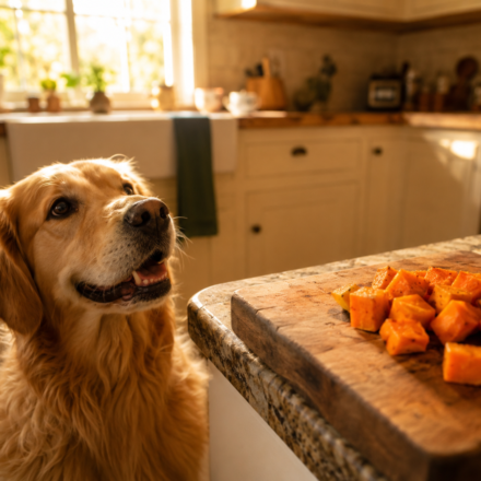 are sweet potatoes good for dogs - labrador with cooked sweet potato