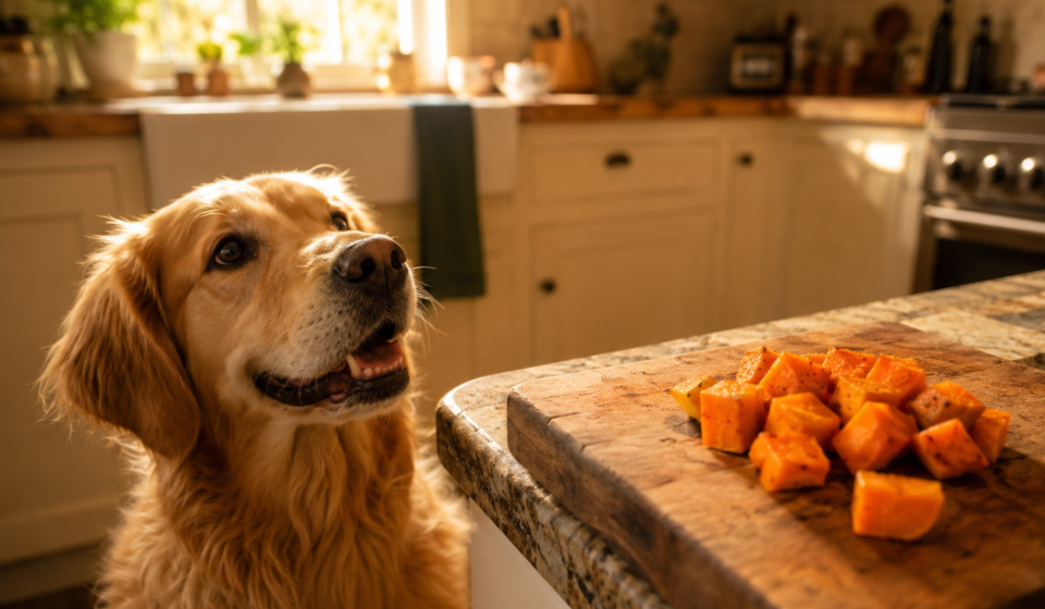 are sweet potatoes good for dogs - labrador with cooked sweet potato